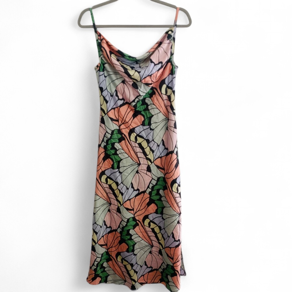 AUDREY 3+11 PINK BUTTERFLY PRINT SPAGHETTI STRAP SLEEVELESS MIDI DRESS SMALL